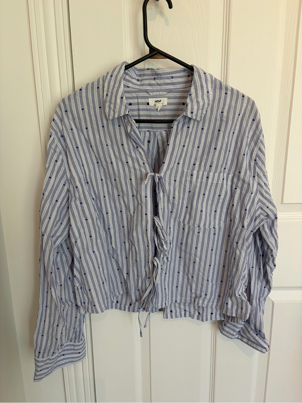 aerie Blue & White Striped Tie-Front Button Down Shirt